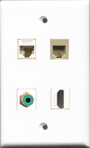 RiteAV 1 Port HDMI and 1 Port RCA Green and 1 Port Phone RJ11 RJ12 Beige and 1 Port Cat6 Ethernet White Wall Plate