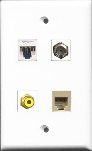 RiteAV - 1 Port RCA Yellow and 1 Port Coax Cable TV- F-Type and 1 Port Phone RJ11 RJ12 Beige and 1 Port Cat5e Ethernet White Wall Plate
