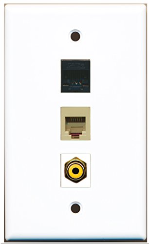 RiteAV - 1 Port RCA Yellow and 1 Port Phone RJ11 RJ12 Beige and 1 Port Cat5e Ethernet Black Wall Plate