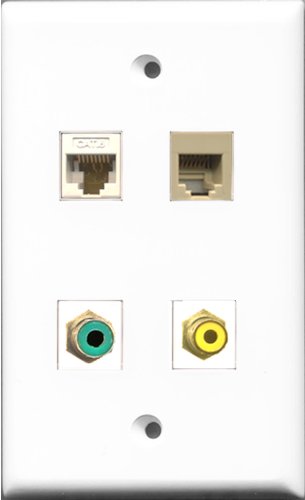 RiteAV 1 Port RCA Yellow and 1 Port RCA Green and 1 Port Phone RJ11 RJ12 Beige and 1 Port Cat6 Ethernet White Wall Plate