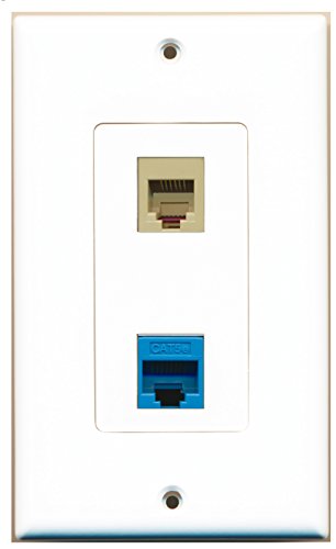 RiteAV - 1 Port Phone RJ11 RJ12 Beige - 1 Port Cat5e Ethernet Blue Wall Plate Decorative White - Bracket Included