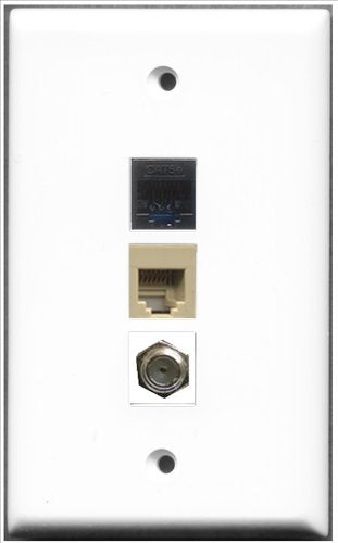 RiteAV - 1 Port Coax Cable TV- F-Type and 1 Port Phone RJ11 RJ12 Beige and 1 Port Cat5e Ethernet Black Wall Plate