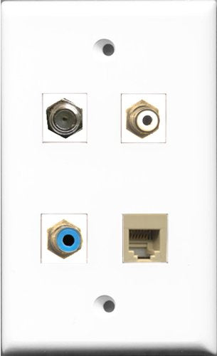 RiteAV 1 Port RCA White and 1 Port RCA Blue and 1 Port Coax Cable TV- F-Type and 1 Port Phone RJ11 RJ12 Beige Wall Plate