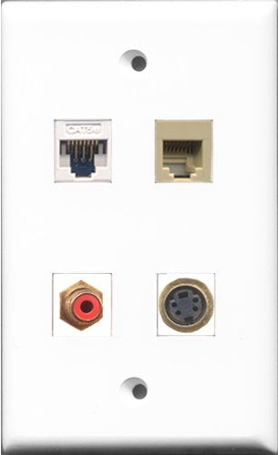 RiteAV 1 Port RCA Red and 1 Port Phone RJ11 RJ12 Beige and 1 Port S-Video and 1 Port Cat5e Ethernet White Wall Plate