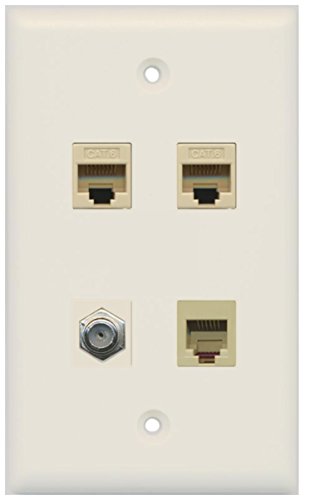 RiteAV 1 Port Coax Cable TV- F-Type and 1 Port Phone RJ11 RJ12 Beige 2 Port Cat6 Ethernet Wall Plate - Light Almond