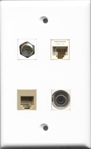 RiteAV 1 Port Coax Cable TV- F-Type and 1 Port Phone RJ11 RJ12 Beige and 1 Port 3.5mm and 1 Port Cat6 Ethernet White Wall Plate