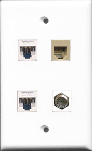 RiteAV 1 Port Coax Cable TV- F-Type and 1 Port Phone RJ11 RJ12 Beige 2 Port Cat5e Ethernet White Wall Plate