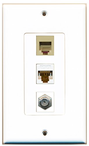 RiteAV - 1 Port Coax Cable TV- F-Type and 1 Port Phone RJ11 RJ12 Beige and 1 Port Cat6 Ethernet White Decorative Wall Plate