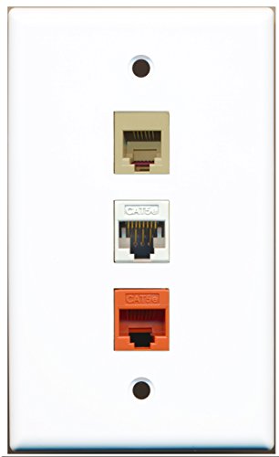 RiteAV - 1 Port Phone RJ11 RJ12 Beige 1 Cat5e Ethernet White 1 Cat5e Ethernet Orange Wall Plate