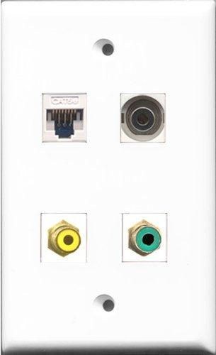 RiteAV - 1 Port RCA Yellow and 1 Port RCA Green and 1 Port 3.5mm and 1 Port Cat5e Ethernet White Wall Plate