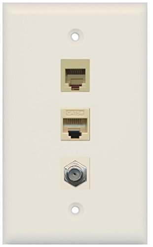 RiteAV - 1 Port Coax Cable TV- F-Type 1 Phone RJ11 RJ12 1 Cat5e Ethernet Wall Plate - Light Almond