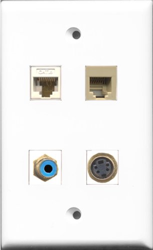 RiteAV 1 Port RCA Blue and 1 Port Phone RJ11 RJ12 Beige and 1 Port S-Video and 1 Port Cat6 Ethernet White Wall Plate