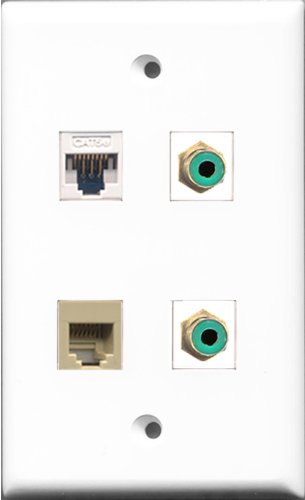 RiteAV - 2 Port RCA Green and 1 Port Phone RJ11 RJ12 Beige and 1 Port Cat5e Ethernet White Wall Plate