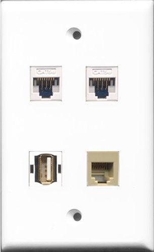 RiteAV - 1 Port USB A-A and 1 Port Phone RJ11 RJ12 Beige 2 Port Cat5e Ethernet White Wall Plate