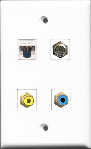 RiteAV - 1 Port RCA Yellow and 1 Port RCA Blue and 1 Port Coax Cable TV- F-Type and 1 Port Cat5e Ethernet White Wall Plate