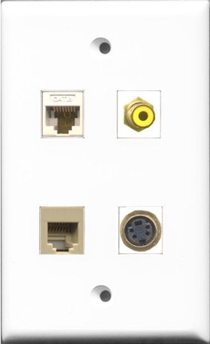 RiteAV 1 Port RCA Yellow and 1 Port Phone RJ11 RJ12 Beige and 1 Port S-Video and 1 Port Cat6 Ethernet White Wall Plate