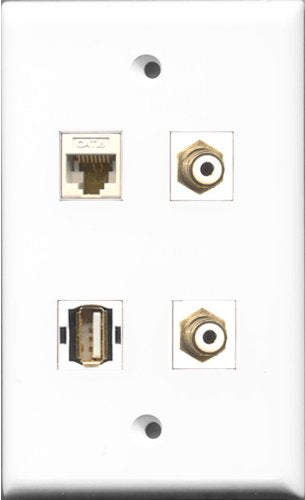 RiteAV - 2 Port RCA White and 1 Port USB A-A and 1 Port Cat6 Ethernet White Wall Plate