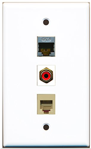 RiteAV - 1 Port RCA Red and 1 Port Phone RJ11 RJ12 Beige and 1 Port Shielded Cat6 Ethernet Wall Plate