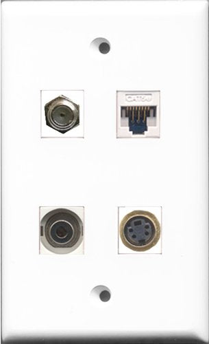 RiteAV 1 Port Coax Cable TV- F-Type and 1 Port S-Video and 1 Port 3.5mm and 1 Port Cat5e Ethernet White Wall Plate