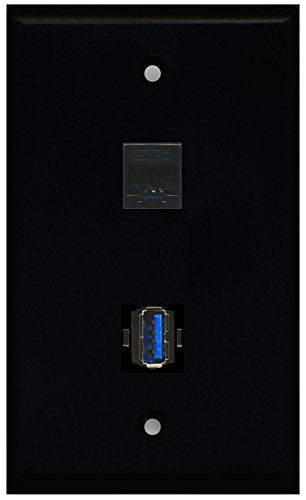 RiteAV - Black 1 Port Cat5e Ethernet Black 1 Port USB 3.0 Wall Plate
