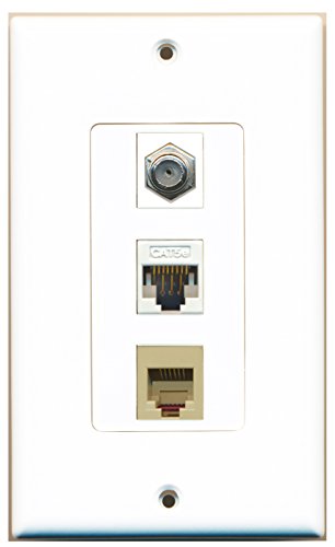 RiteAV - 1 Port Coax Cable TV- F-Type and 1 Port Phone RJ11 RJ12 Beige and 1 Port Cat5e Ethernet White Decorative Wall Plate