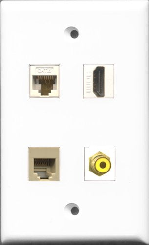RiteAV 1 Port HDMI and 1 Port RCA Yellow and 1 Port Phone RJ11 RJ12 Beige and 1 Port Cat6 Ethernet White Wall Plate