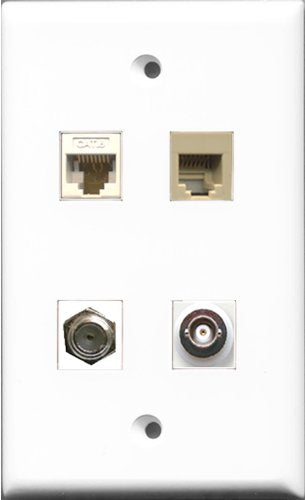 RiteAV 1 Port Coax Cable TV- F-Type and 1 Port Phone RJ11 RJ12 Beige and 1 Port BNC and 1 Port Cat6 Ethernet White Wall Plate