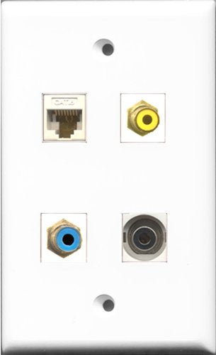 RiteAV 1 Port RCA Yellow and 1 Port RCA Blue and 1 Port 3.5mm and 1 Port Cat6 Ethernet White Wall Plate