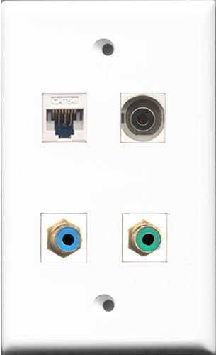 RiteAV - 1 Port RCA Green and 1 Port RCA Blue and 1 Port 3.5mm and 1 Port Cat5e Ethernet White Wall Plate