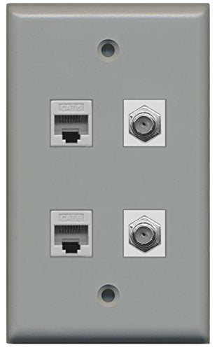 RiteAV - 2 Port Coax Cable TV- F-Type 2 Port Cat6 Ethernet Wall Plate - Gray