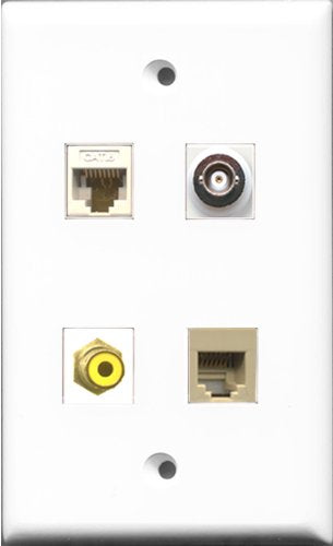 RiteAV 1 Port RCA Yellow and 1 Port Phone RJ11 RJ12 Beige and 1 Port BNC and 1 Port Cat6 Ethernet White Wall Plate