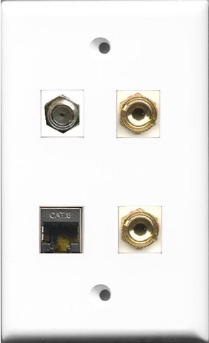 RiteAV 1 Port Coax Cable TV- F-Type and 1 Port Shielded Cat6 Ethernet 2 Port Banana Speaker Wall Plate