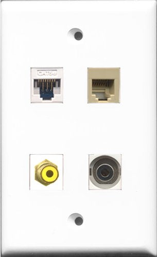 RiteAV 1 Port RCA Yellow and 1 Port Phone RJ11 RJ12 Beige and 1 Port 3.5mm and 1 Port Cat5e Ethernet White Wall Plate