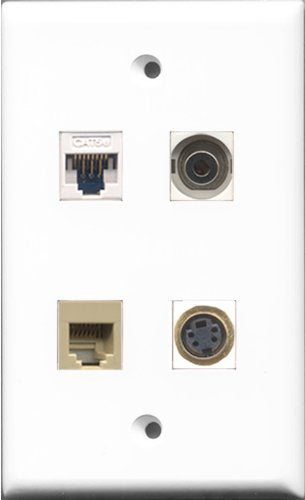 RiteAV - 1 Port Phone RJ11 RJ12 Beige and 1 Port S-Video and 1 Port 3.5mm and 1 Port Cat5e Ethernet White Wall Plate
