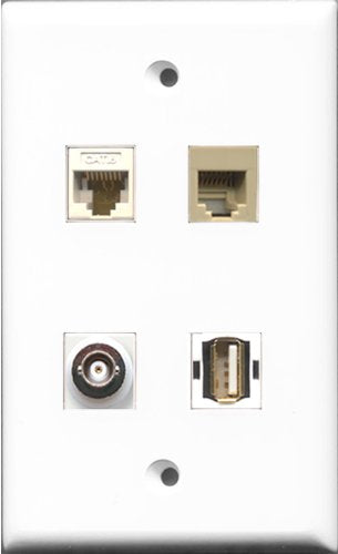 RiteAV 1 Port USB A-A and 1 Port Phone RJ11 RJ12 Beige and 1 Port BNC and 1 Port Cat6 Ethernet White Wall Plate