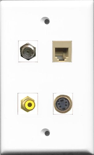 RiteAV 1 Port RCA Yellow and 1 Port Coax Cable TV- F-Type and 1 Port Phone RJ11 RJ12 Beige and 1 Port S-Video Wall Plate