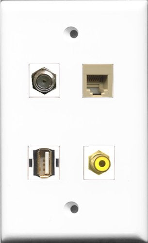 RiteAV 1 Port RCA Yellow and 1 Port Coax Cable TV- F-Type and 1 Port USB A-A and 1 Port Phone RJ11 RJ12 Beige Wall Plate