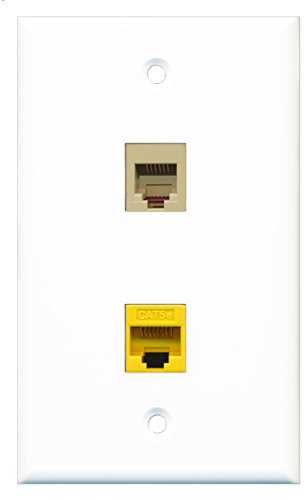 RiteAV - 1 Port Phone RJ11 RJ12 Beige - 1 Port Cat5e Ethernet Yellow Wall Plate White - Bracket Included