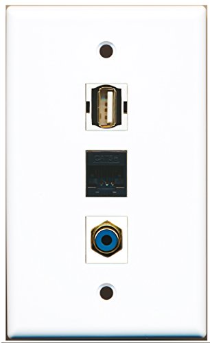 RiteAV - 1 Port RCA Blue and 1 Port USB A-A and 1 Port Cat5e Ethernet Black Wall Plate