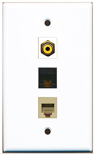 RiteAV - 1 Port RCA Yellow and 1 Port Phone RJ11 RJ12 Beige and 1 Port Cat6 Ethernet Black Wall Plate