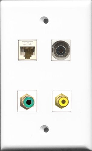 RiteAV 1 Port RCA Yellow and 1 Port RCA Green and 1 Port 3.5mm and 1 Port Cat6 Ethernet White Wall Plate