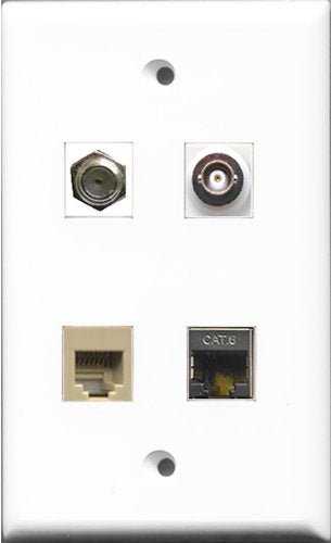 RiteAV 1 Port Coax Cable TV- F-Type and 1 Port Phone RJ11 RJ12 Beige and 1 Port Shielded Cat6 Ethernet and 1 Port BNC Wall Plate