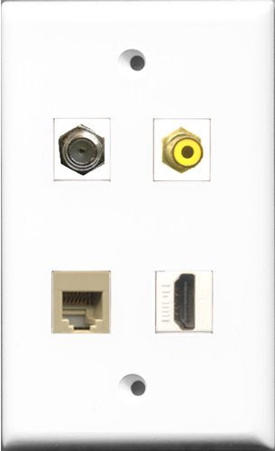 RiteAV 1 Port HDMI and 1 Port RCA Yellow and 1 Port Coax Cable TV- F-Type and 1 Port Phone RJ11 RJ12 Beige Wall Plate