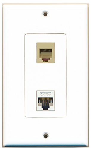 RiteAV - 1 Port Phone RJ11 RJ12 Beige - 1 Port Cat5e Ethernet White Wall Plate Decorative White - Bracket Included