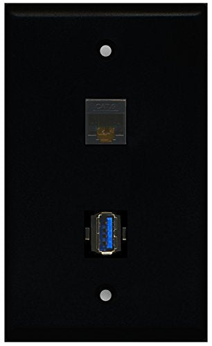 RiteAV - Black 1 Port Cat6 Ethernet Black 1 Port USB 3.0 Wall Plate