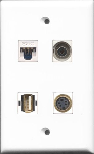 RiteAV - 1 Port USB A-A and 1 Port S-Video and 1 Port 3.5mm and 1 Port Cat5e Ethernet White Wall Plate