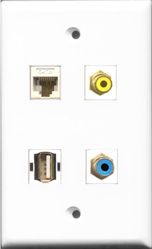 RiteAV 1 Port RCA Yellow and 1 Port RCA Blue and 1 Port USB A-A and 1 Port Cat6 Ethernet White Wall Plate