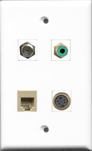 RiteAV 1 Port RCA Green and 1 Port Coax Cable TV- F-Type and 1 Port Phone RJ11 RJ12 Beige and 1 Port S-Video Wall Plate