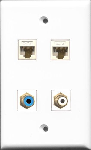 RiteAV 1 Port RCA White and 1 Port RCA Blue 2 Port Cat6 Ethernet White Wall Plate