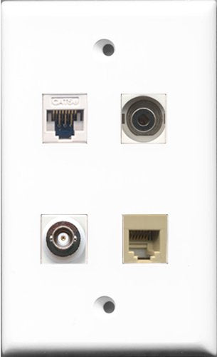 RiteAV - 1 Port Phone RJ11 RJ12 Beige and 1 Port 3.5mm and 1 Port BNC and 1 Port Cat5e Ethernet White Wall Plate